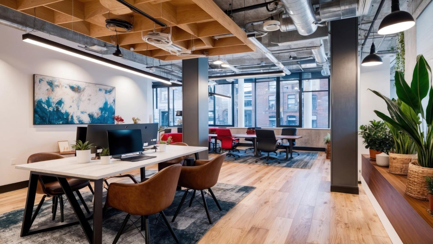 Modern open-plan office with desks, chairs, plants, exposed ceiling, and large windows.