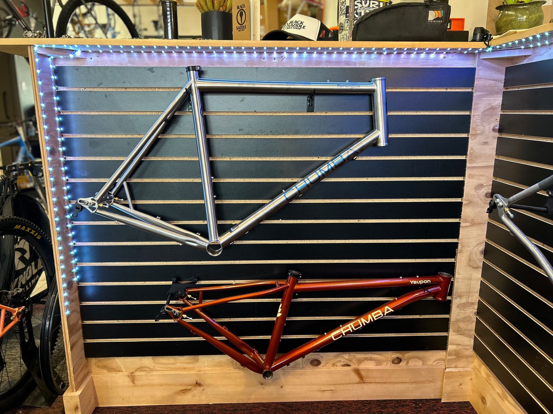 A bicycle frame is hanging on a wall in a store