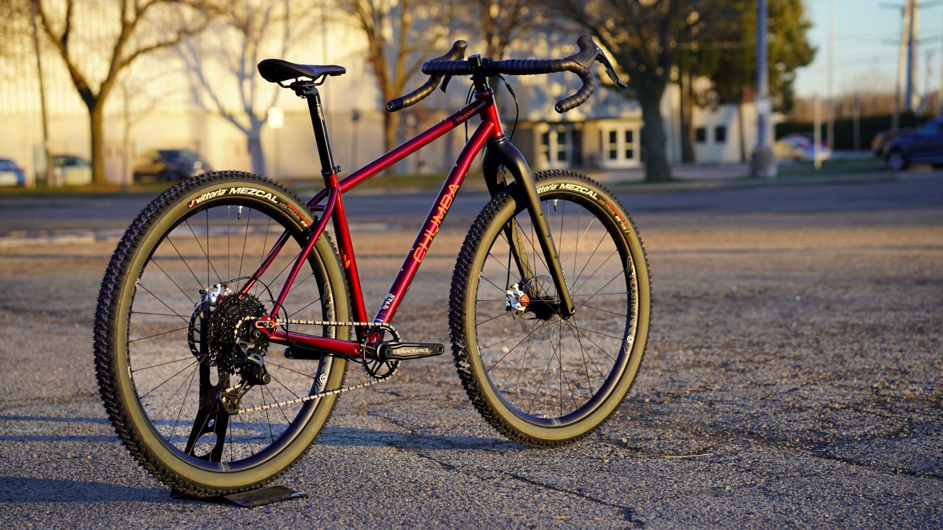 A red bicycle is parked on the side of the road.