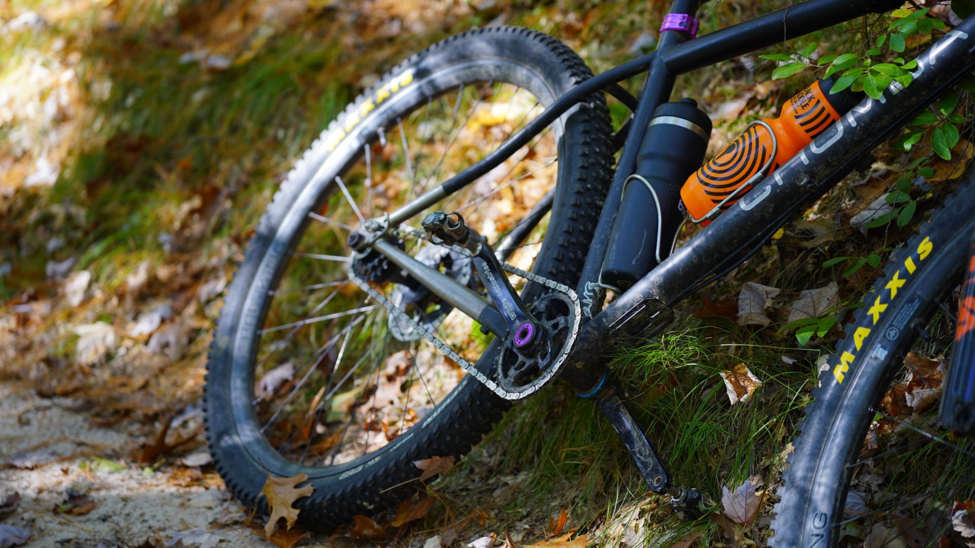 A bicycle is laying on the ground in the woods.