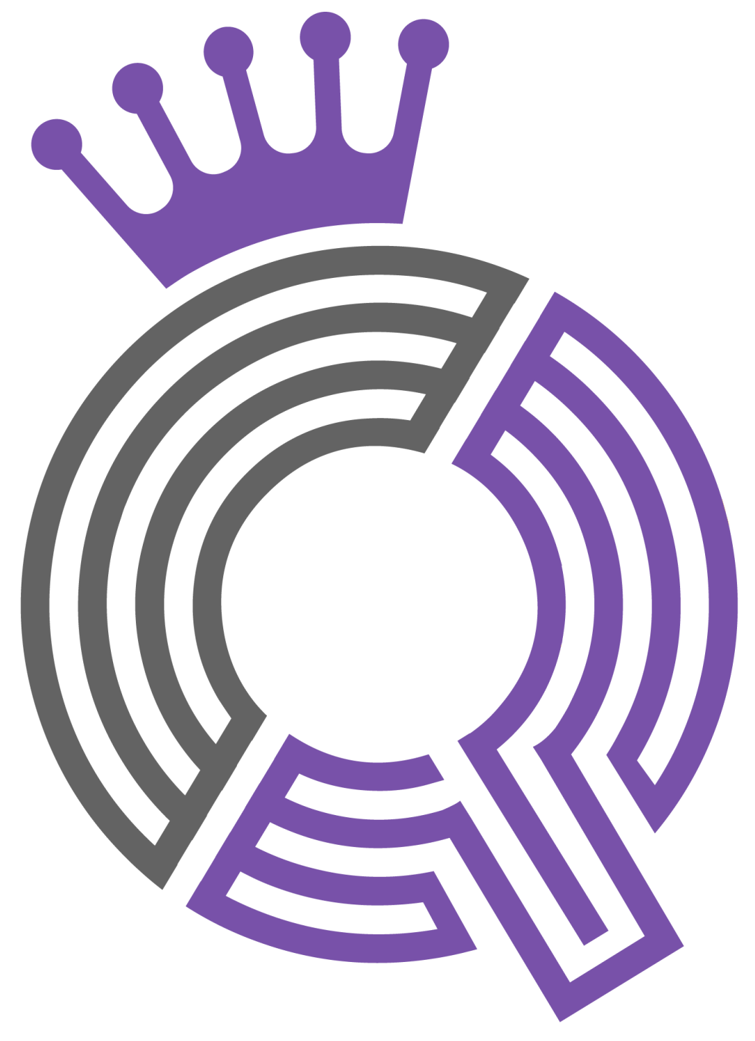 A purple and white logo with a crown on top of it.