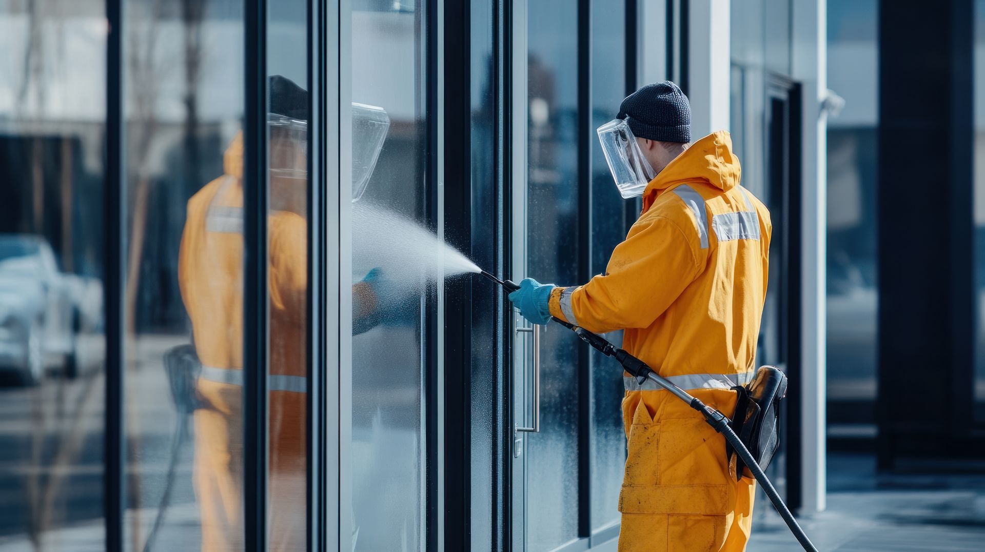 A man in a protective suit is spraying a window with a high pressure washer.