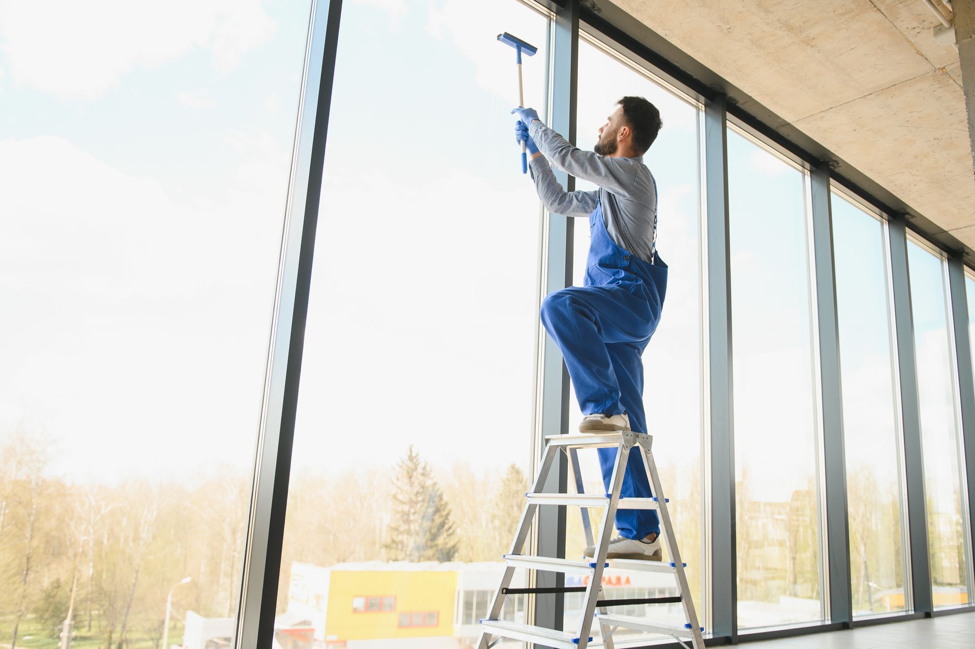 A man is standing on a ladder cleaning a window.