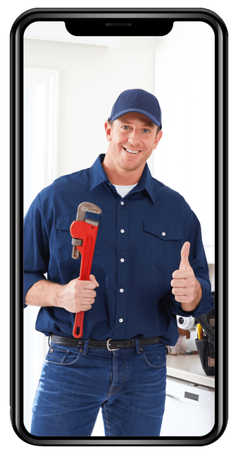 un plombier tient une clé et lève le pouce.