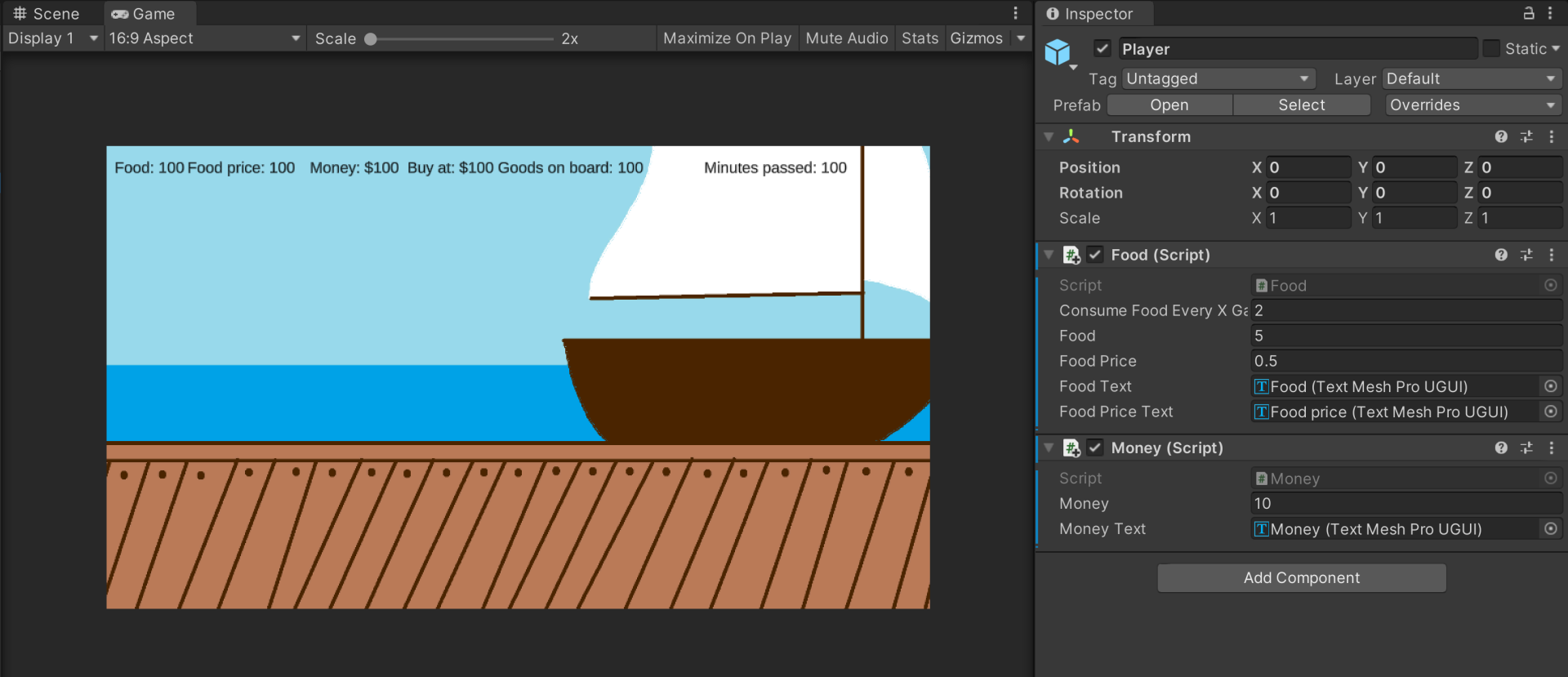 Unity game scene with place holder UI elements
