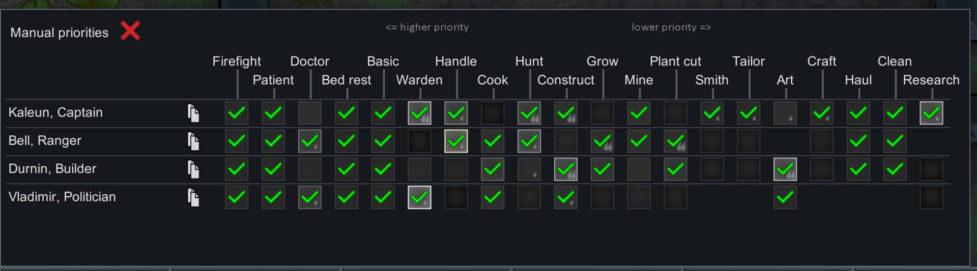 RimWorld colonist work controls