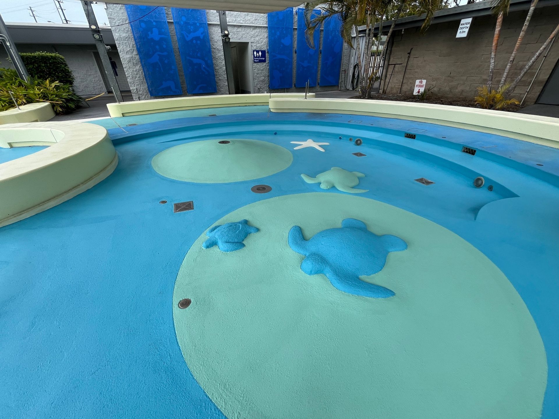 A Bright Blue Shallow Splash Pad Featuring Light Green Turtle — Priority Painters in Gladstone Central, QLD