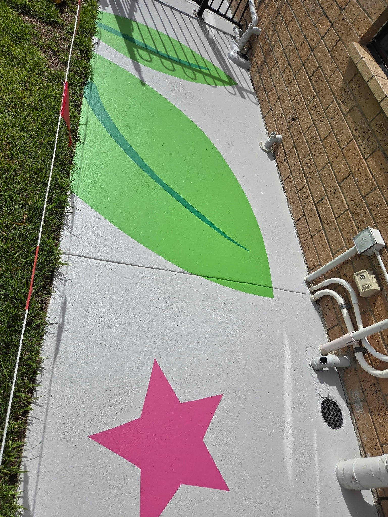 A Sidewalk Painted With a Large, Bright Green Leaf Motif — Priority Painters in Gladstone Central, QLD
