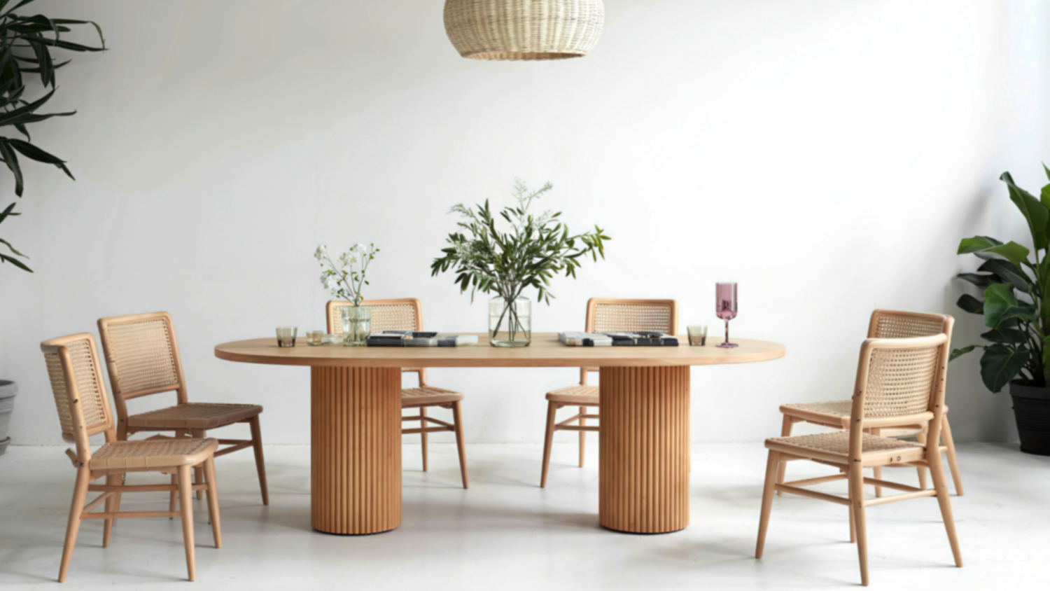 Esszimmer mit Tisch und sechs Sesseln
