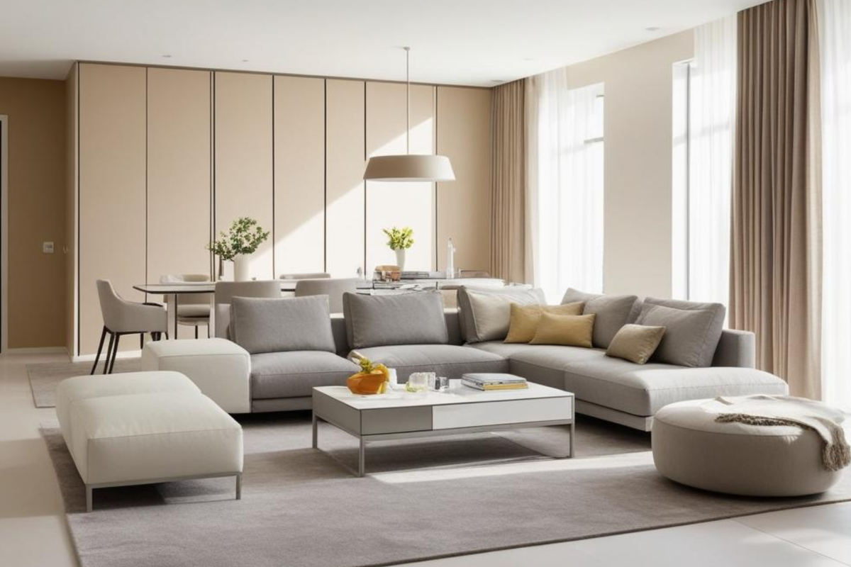 Gemütliches Wohnzimmer mit beigem Sofa, Couchtisch aus Holz, dekorativen Vasen und neutralem Farbschema.