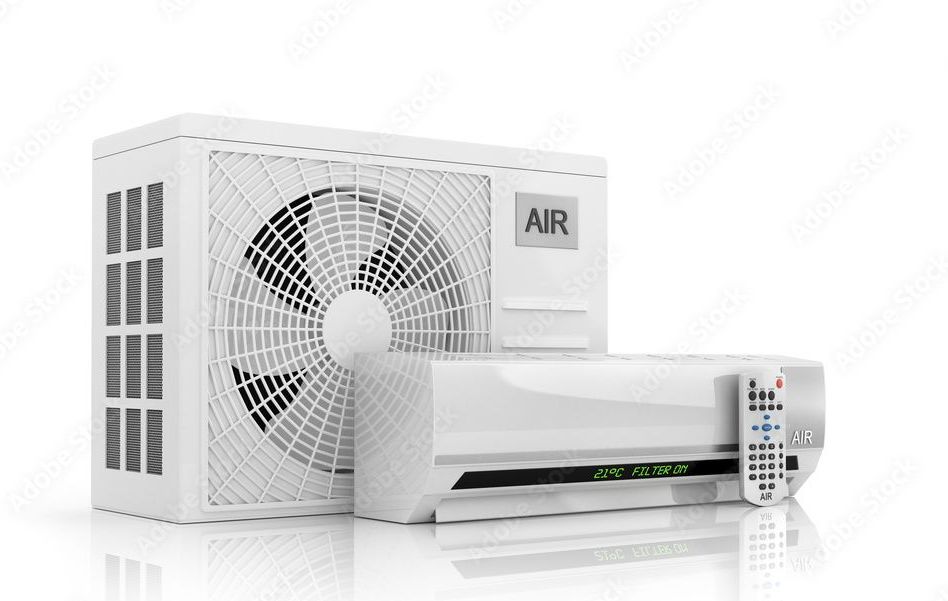White air conditioning unit with outdoor compressor and remote.