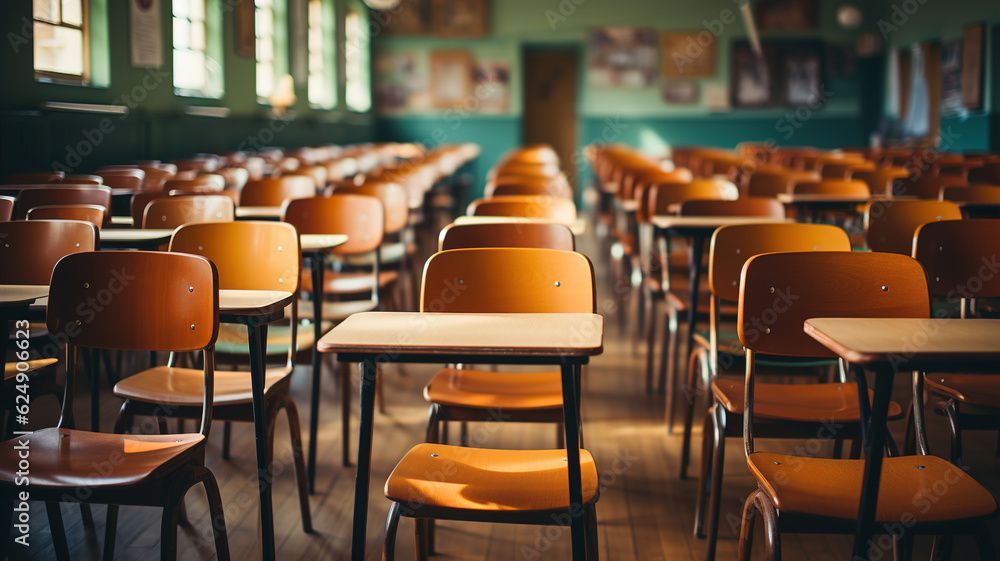 Empty classroom with rows of brown desks and chairs, natural light from windows.