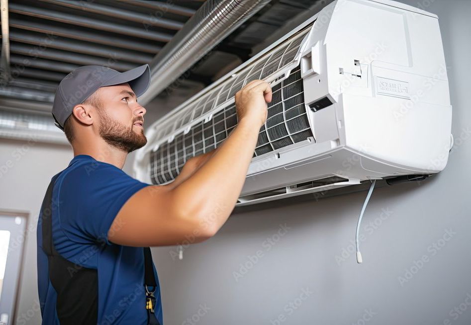 Man in cap servicing an AC unit, removing filter. Gray wall, indoor setting.