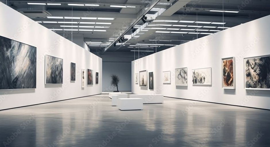 Art gallery interior with white walls, paintings, and minimalist seating.