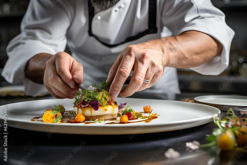 Chef plating a gourmet dish, arranging garnishes with tweezers on a white plate.