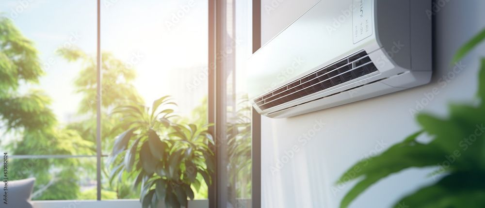 Air conditioning unit on a white wall. Bright, sunny room with plants and a window view.