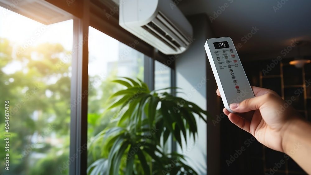 Hand holding AC remote, adjusting settings on a wall-mounted unit near a window with sunlight and a plant.