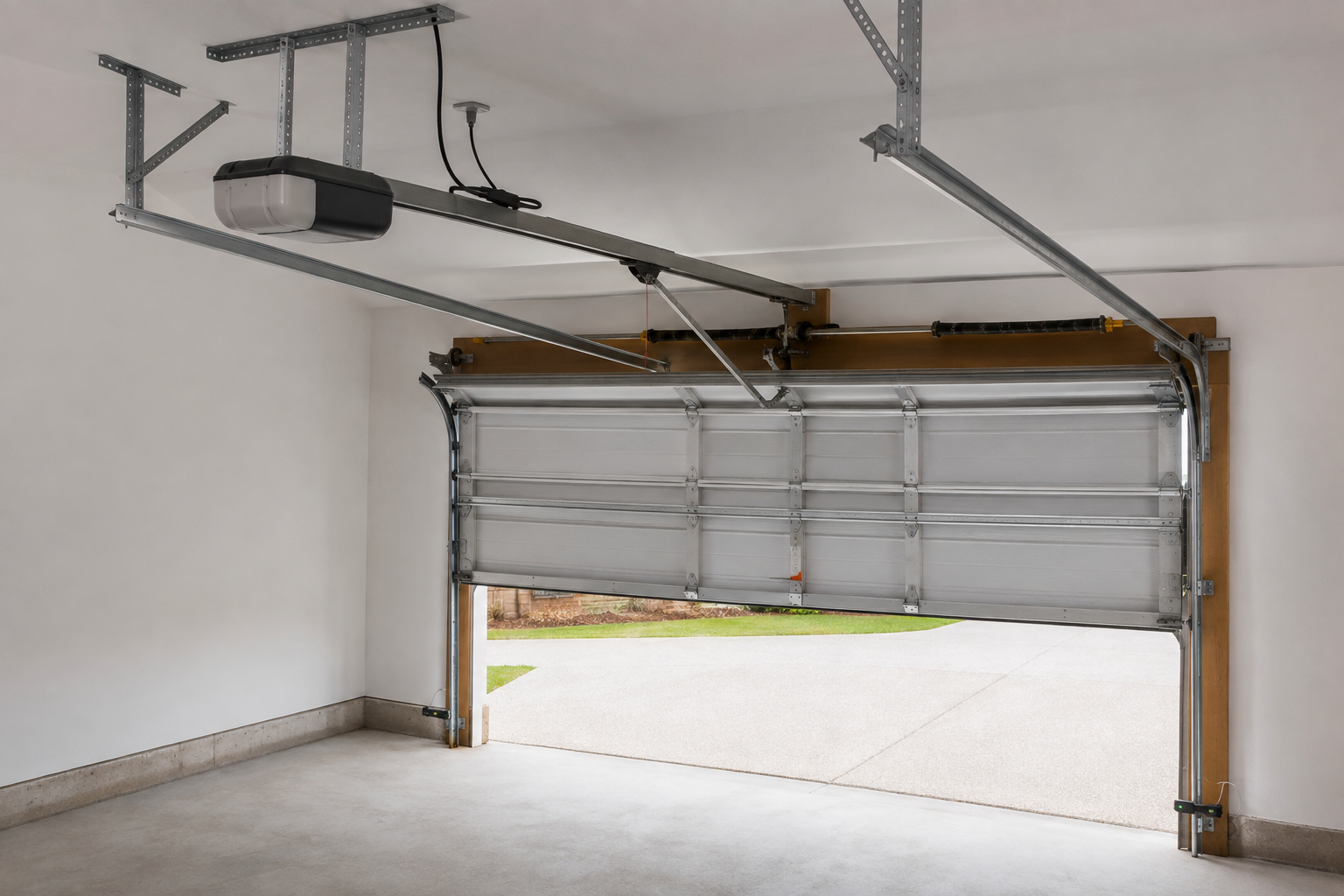 Empty garage interior with unfinished drywall, concrete floor, and sunlight near the opening