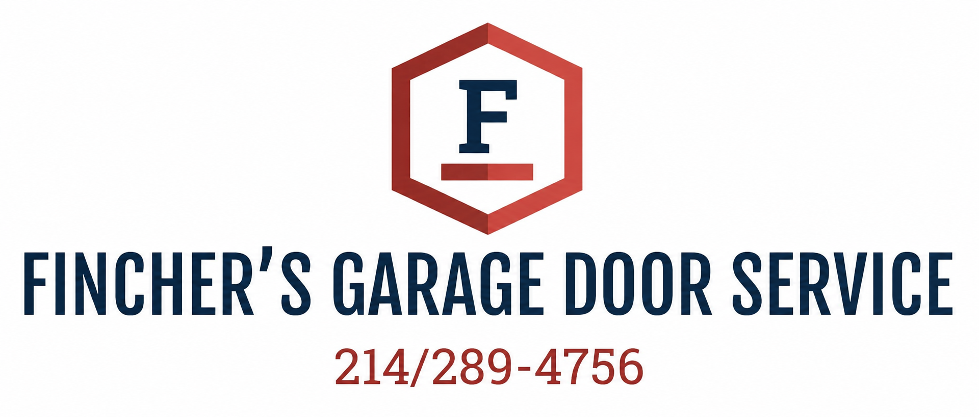 Fincher's Garage Door Service logo with red hexagon icon and 214-289-4756 contact number