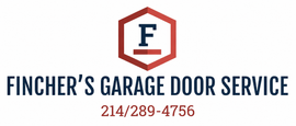 Fincher's Garage Door Service logo with red hexagon icon and 214-289-4756 contact number
