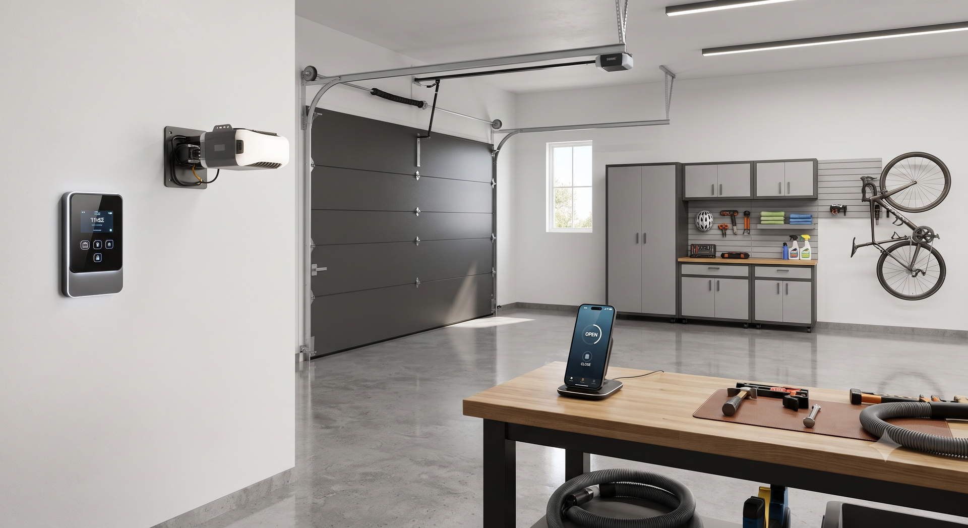 Empty garage interior with unfinished drywall, concrete floor, and sunlight near the opening