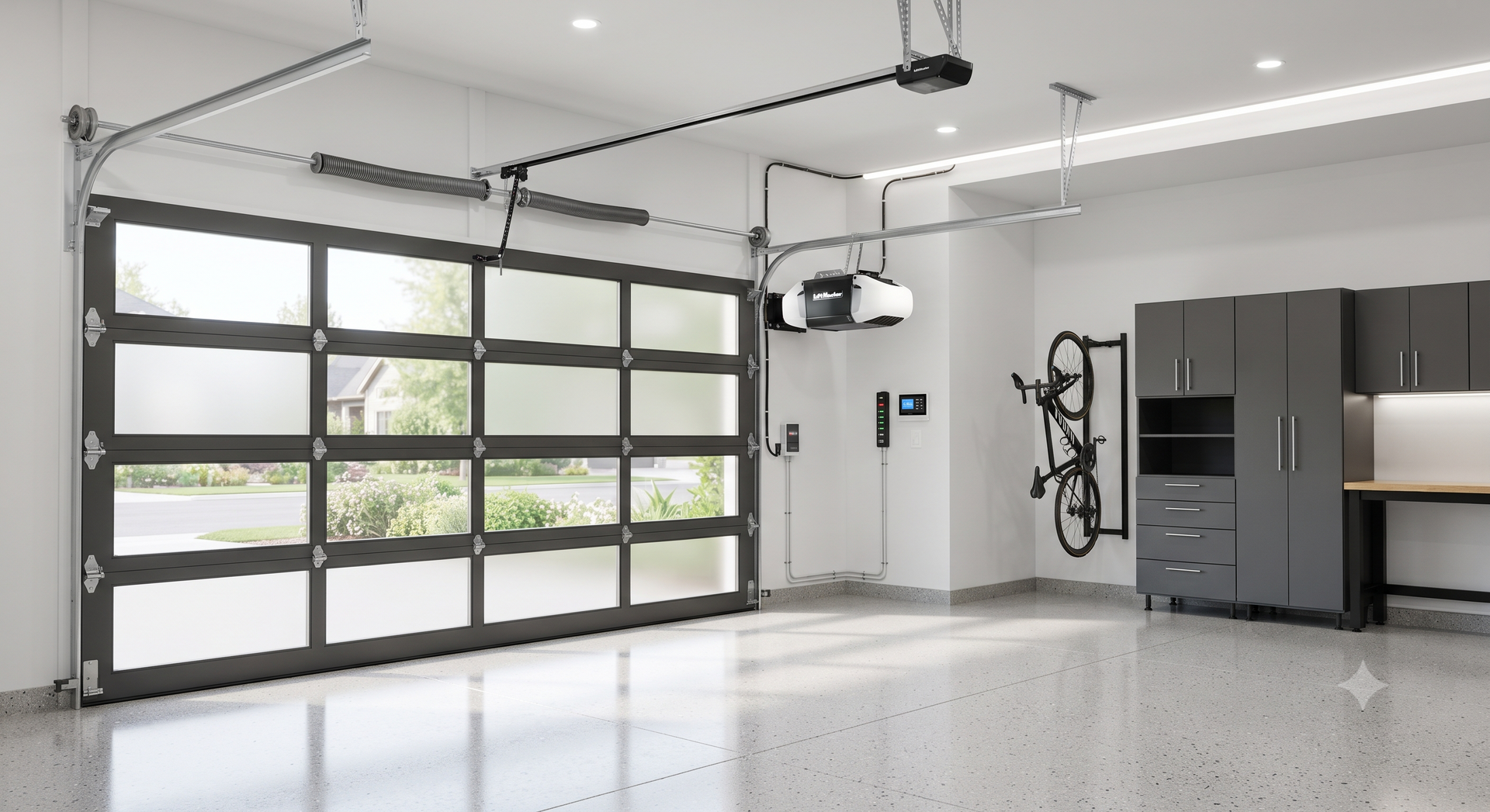 Spacious garage with glass-panel door, white floor, wall storage cabinets, and mounted bikes