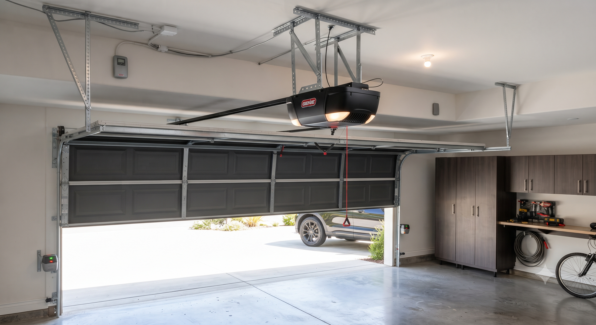 Open garage with partially raised dark door, parked car outside, and bikes and storage shelves inside.