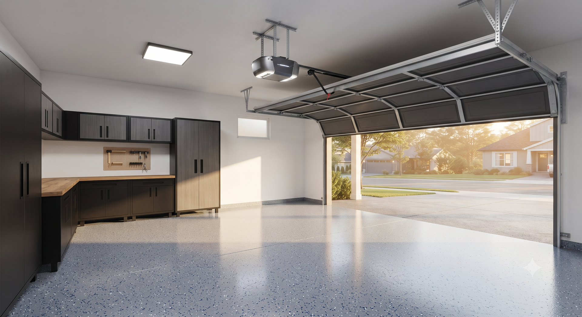 Spacious empty garage with gray cabinets, open door, and sunlight on glossy floor