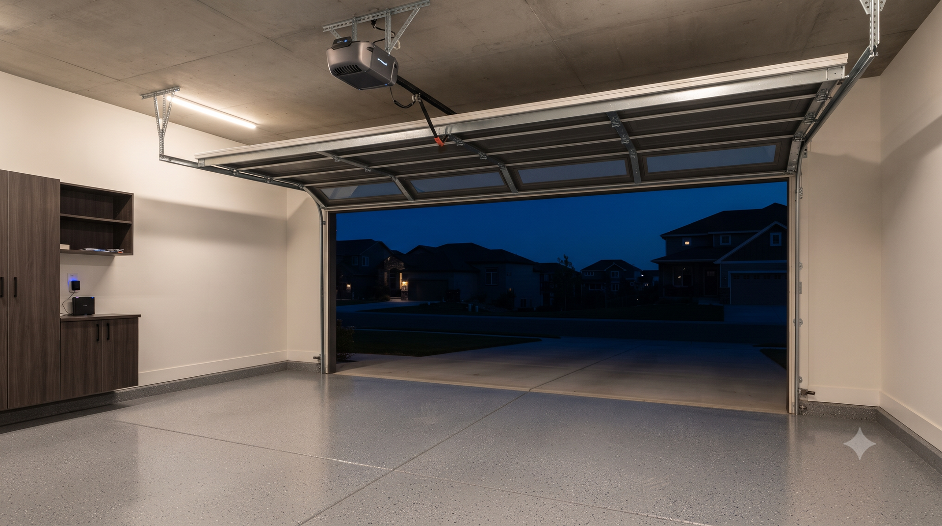 Empty garage interior with unfinished drywall, concrete floor, and sunlight near the opening