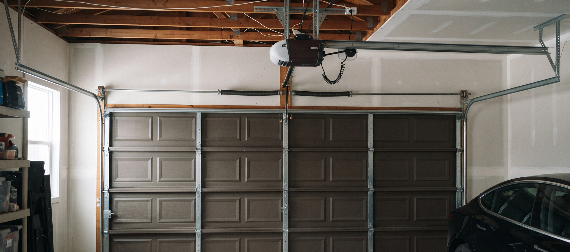Empty garage interior with unfinished drywall, concrete floor, and sunlight near the opening