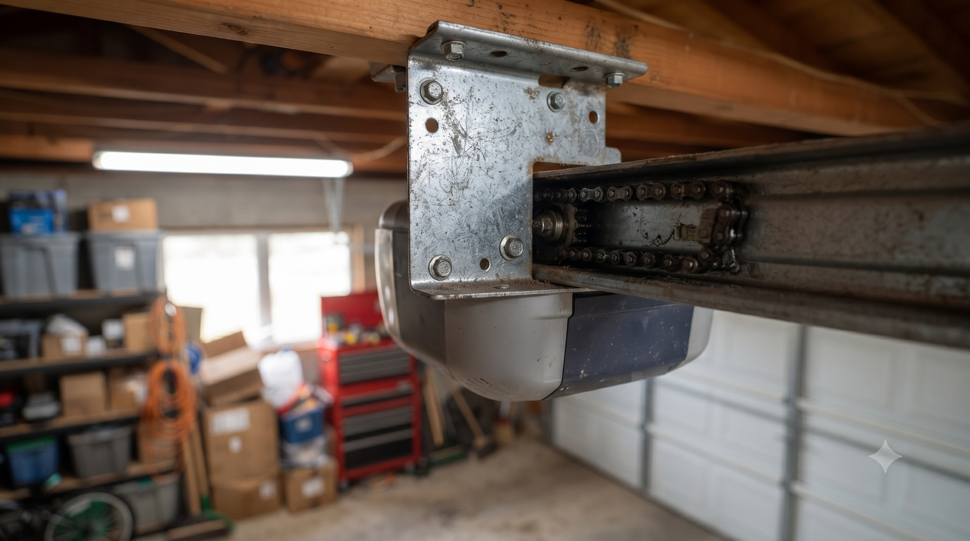 Garage ceiling beam bracket with a metal rail, in a cluttered workshop interior.