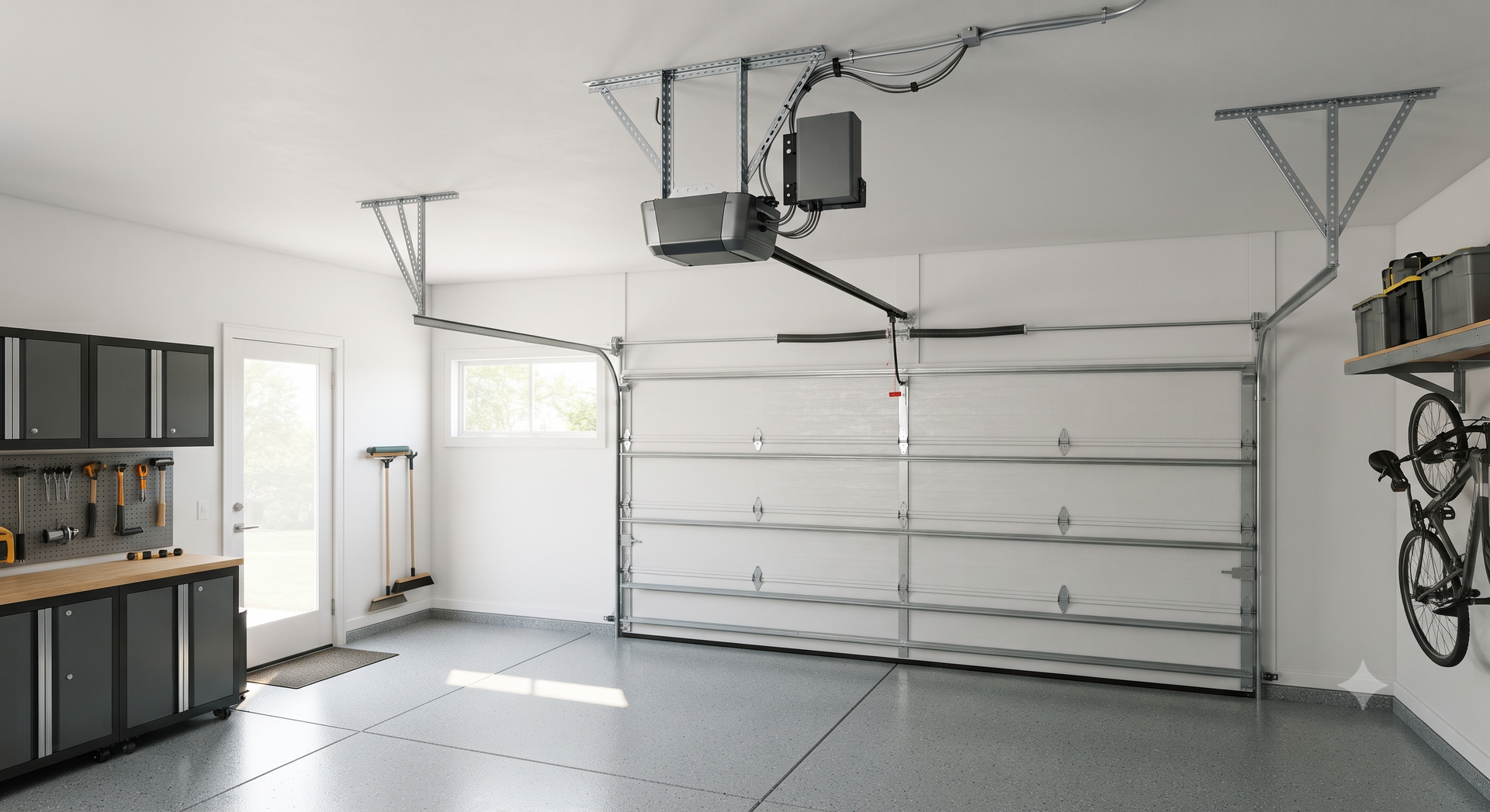 Empty carpeted room with white walls, a closet opening, and a large window letting in daylight.