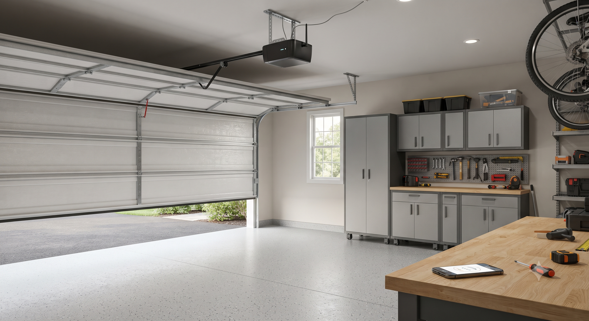 Cluttered garage with stacked boxes, tools, a red chair, ladder, and cords on the floor