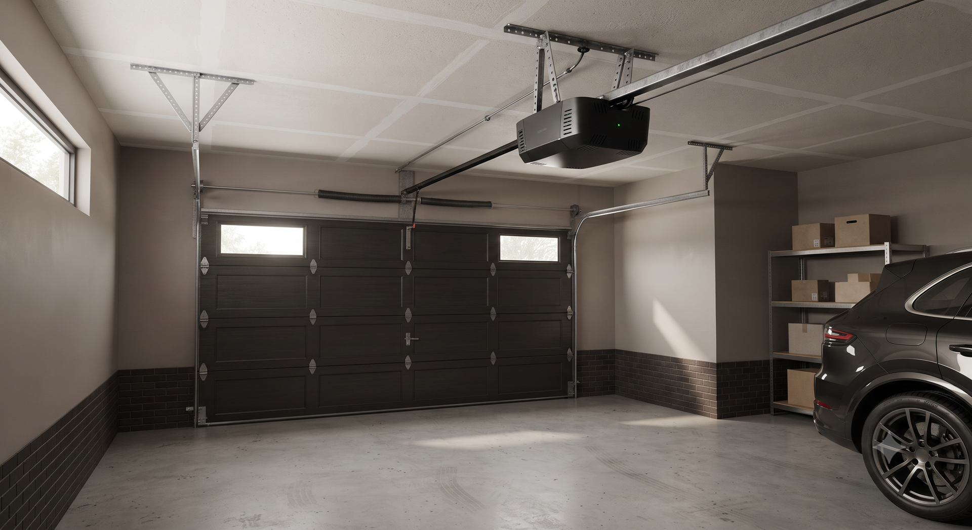 Cluttered garage with stacked boxes, tools, a red chair, ladder, and cords on the floor