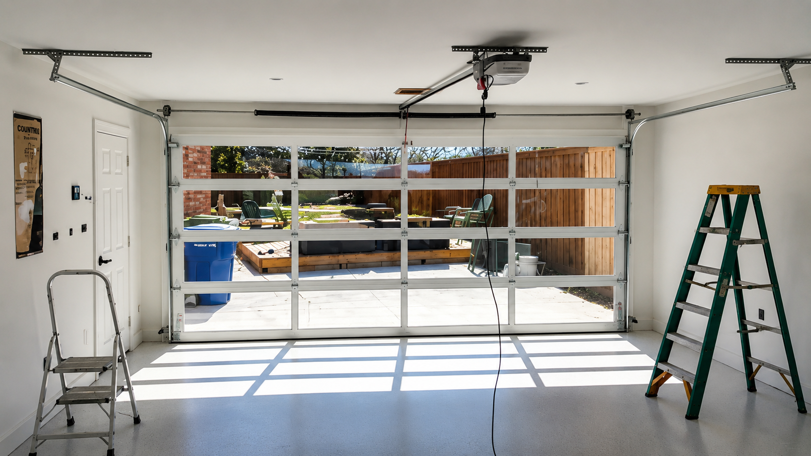 Empty garage with open white door, ladder on the right, and ceiling tools installed near the top.