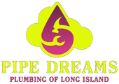 Pipe Dreams Plumbing of Long Island logo in neon green and magenta with stylized water drop and clouds