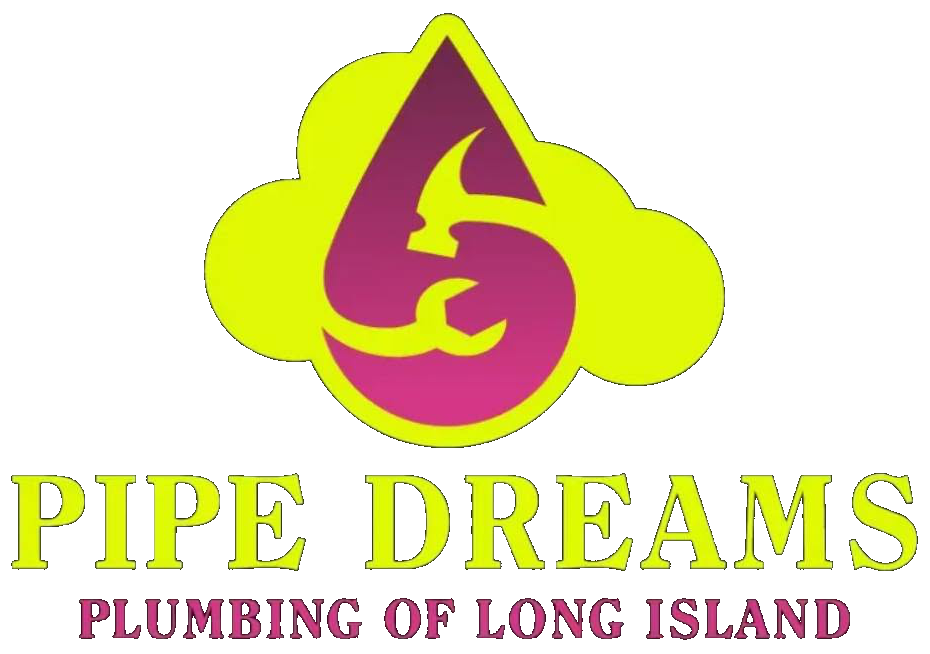 Pipe Dreams Plumbing of Long Island logo in neon green and magenta with stylized water drop and clouds