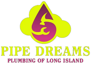 Pipe Dreams Plumbing of Long Island logo in neon green and magenta with stylized water drop and clouds