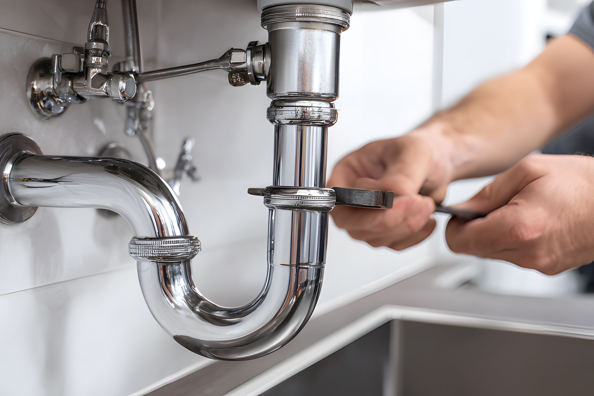Hands tightening a chrome sink drain pipe under a bathroom sink