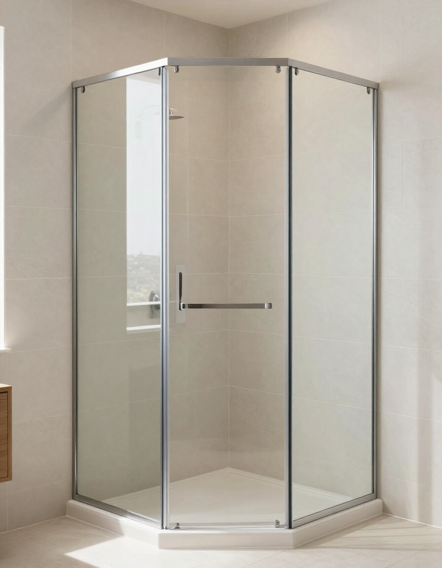 Custom frameless glass shower door in a bright modern bathroom
