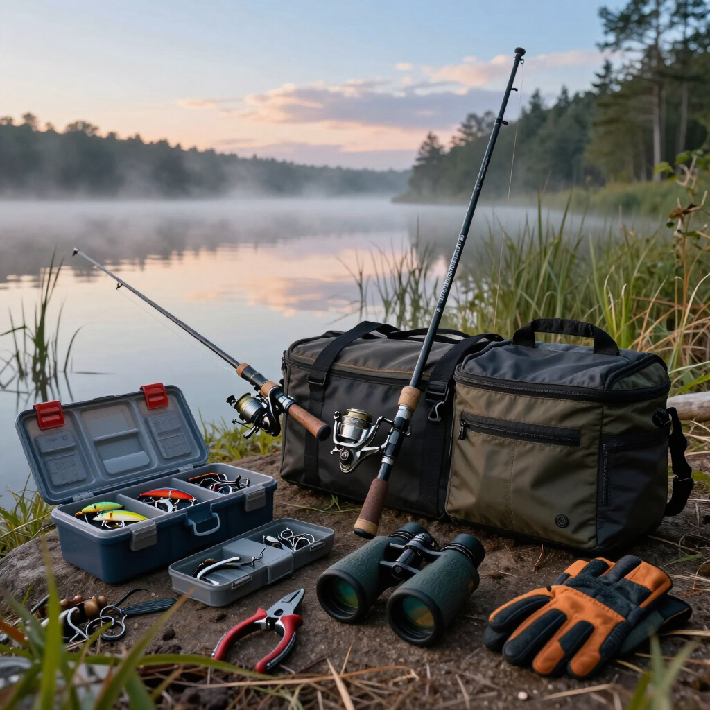 Fishing gear beside rods and binoculars on a misty lakeshore at sunrise