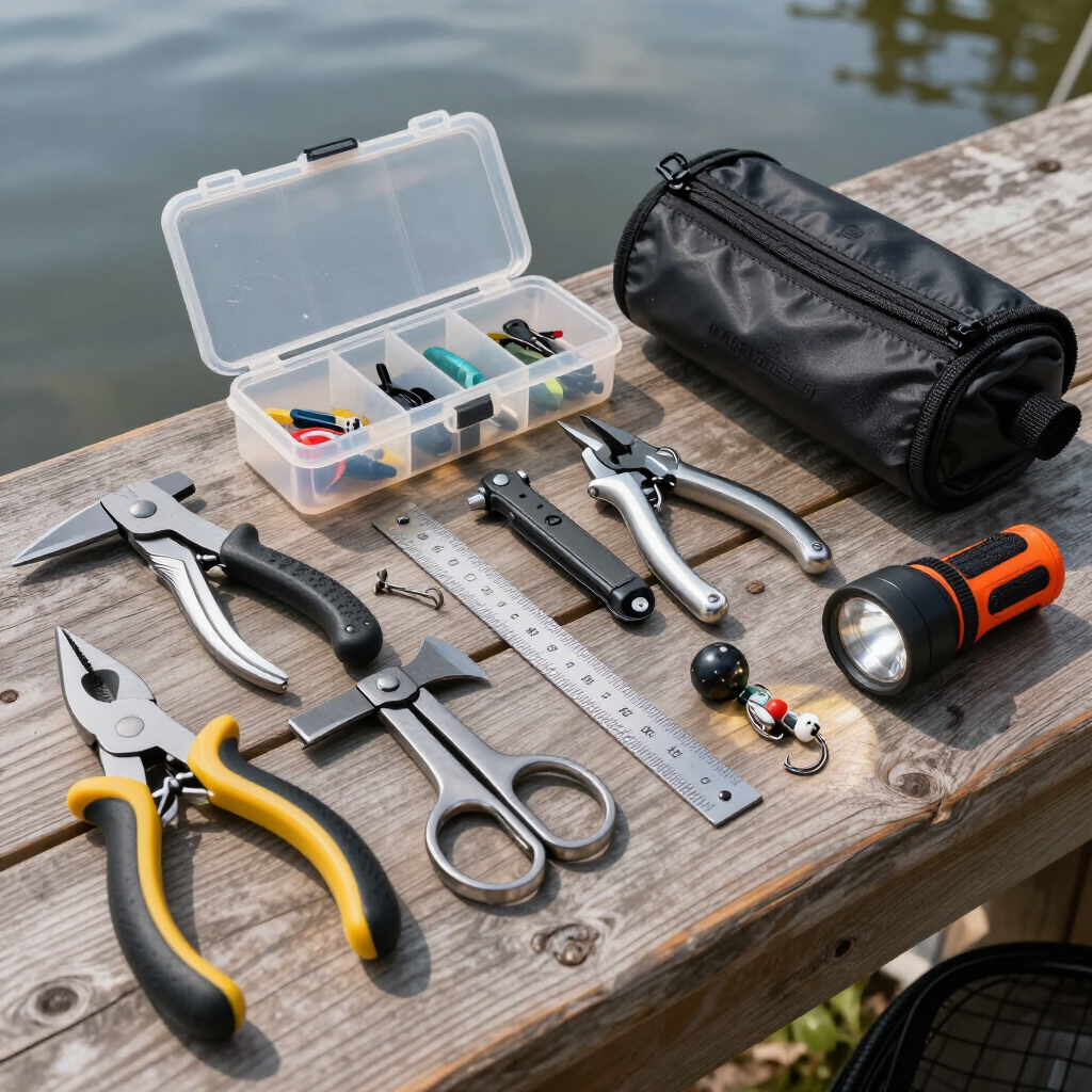 Assorted hand tools and a black tool pouch on a wooden table by water