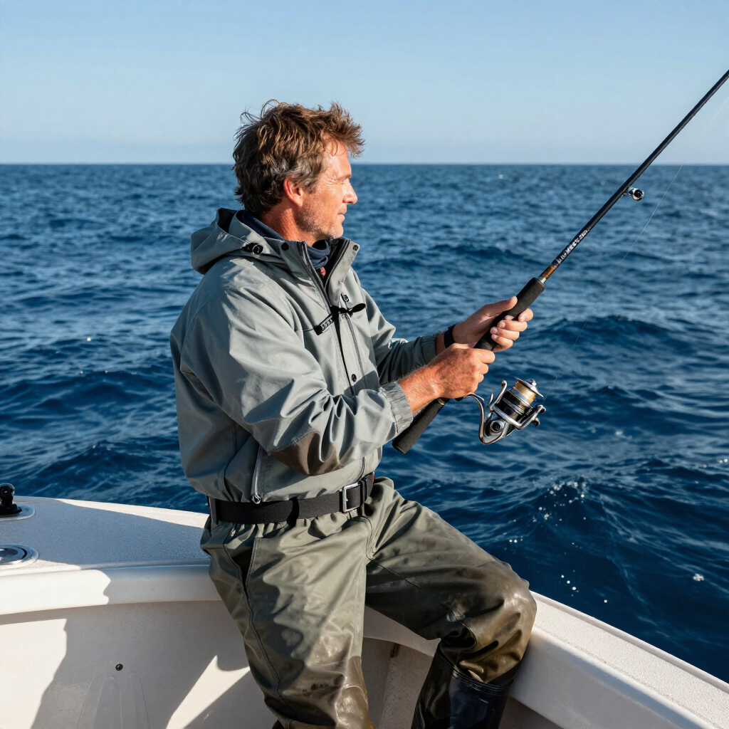 Person fishing from a boat on a blue ocean, holding a rod under a clear sky