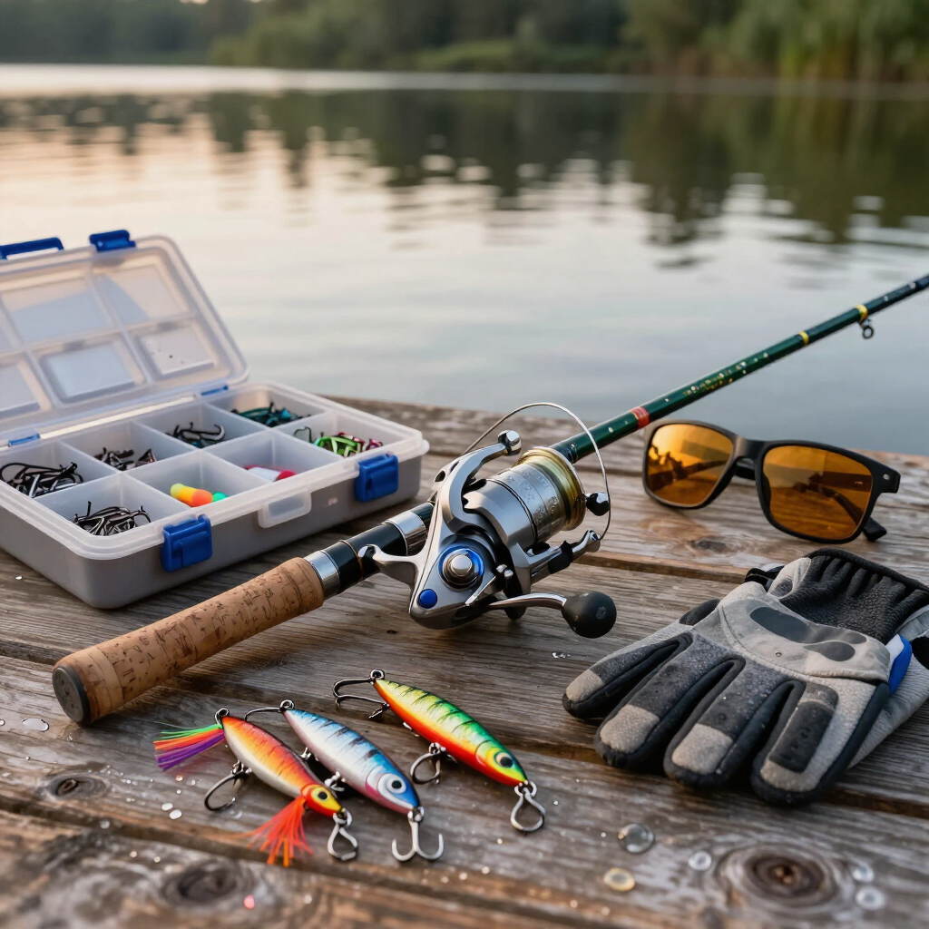 Fishing rod, tackle box, lures, gloves, and sunglasses on a lakeside dock at sunset.
