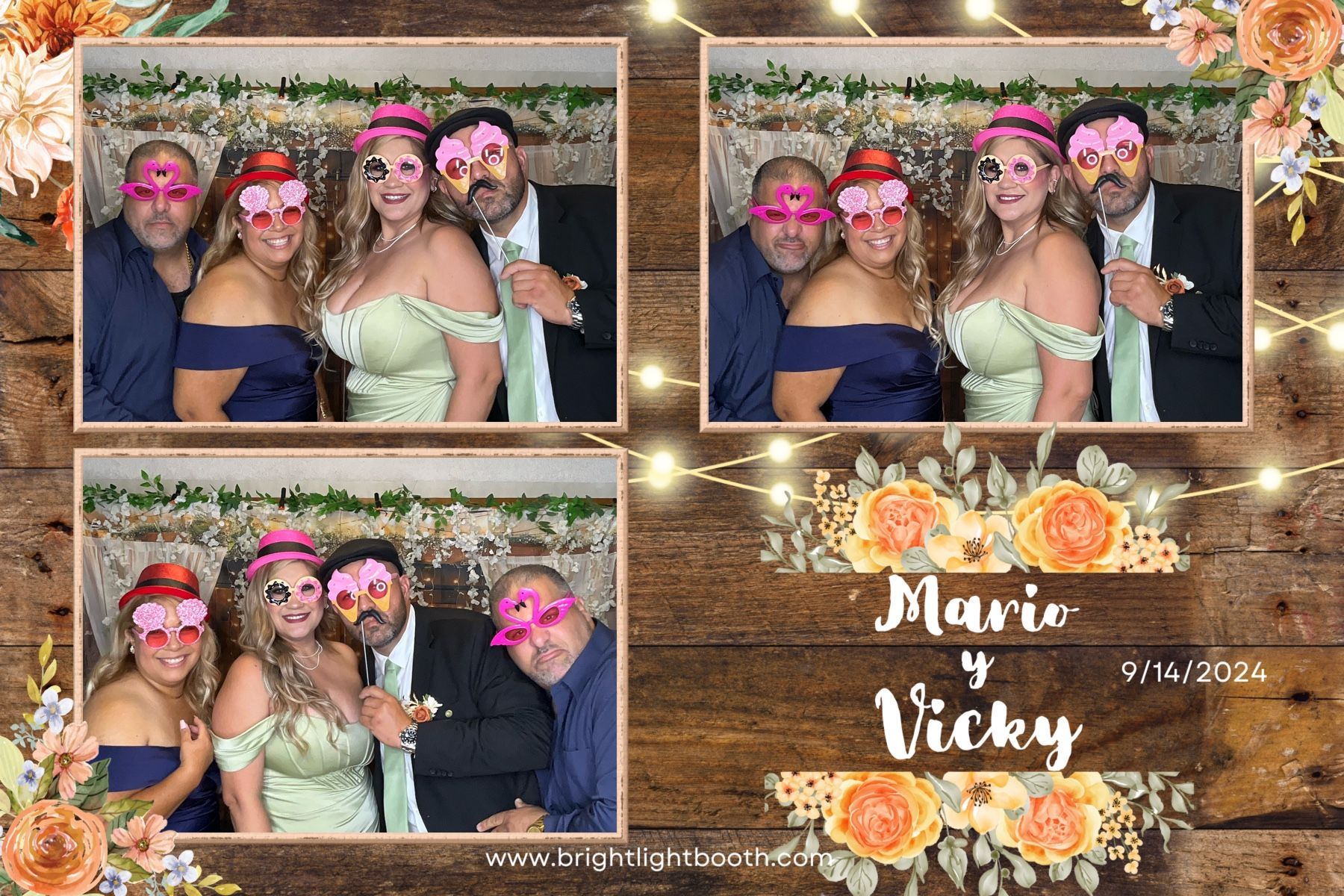 Wedding guests posing with fun props in our Luxury Wedding Photo Booth in Gardena, CA