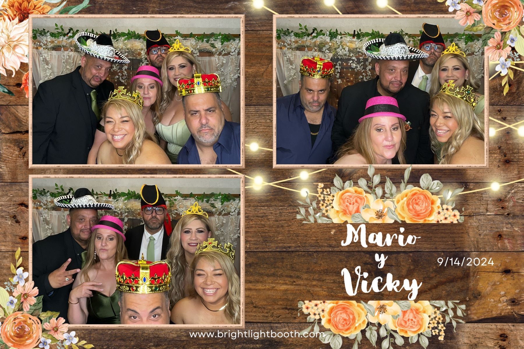 Luxury wedding photo booth guests posing with custom photo strip at Mario & Vicky's wedding at Gardena Moneta Masonic Lodge in Gardena, CA