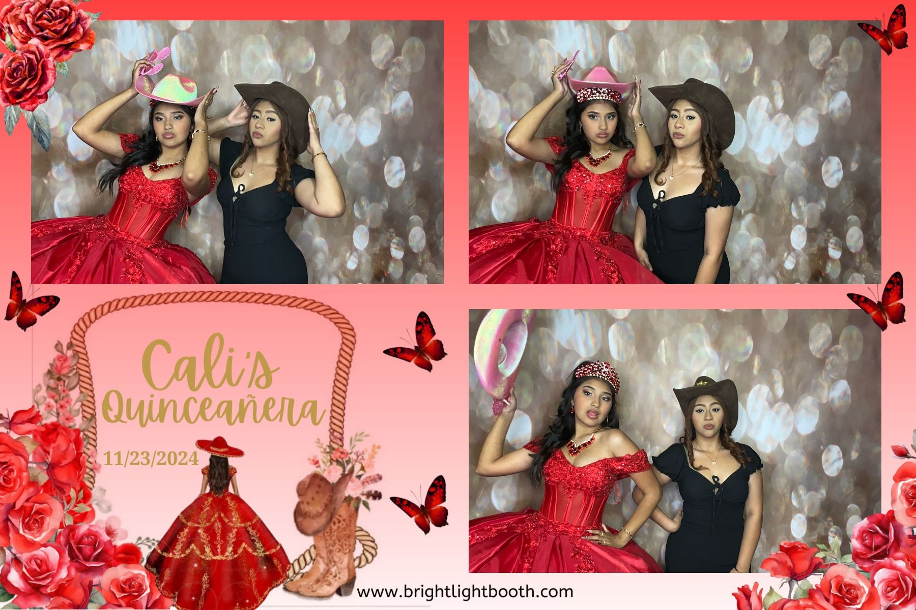 Girls posing with Quinceañera photo booth props in Wildomar, CA