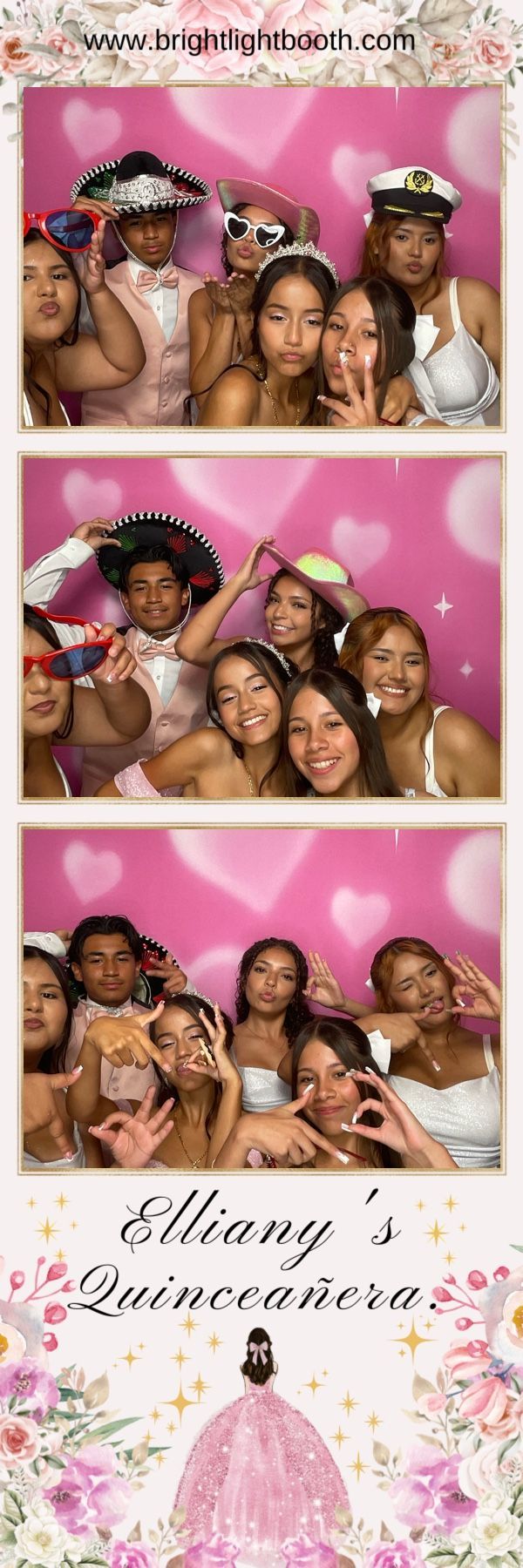 Family and friends celebrating Elliany's quinceañera with Brightlight Photo Booth in Moreno Valley
