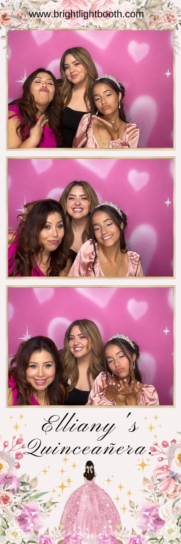 Friends posing with fun props in a custom photo strip from Elliany's quinceañera in Moreno Valley, CA