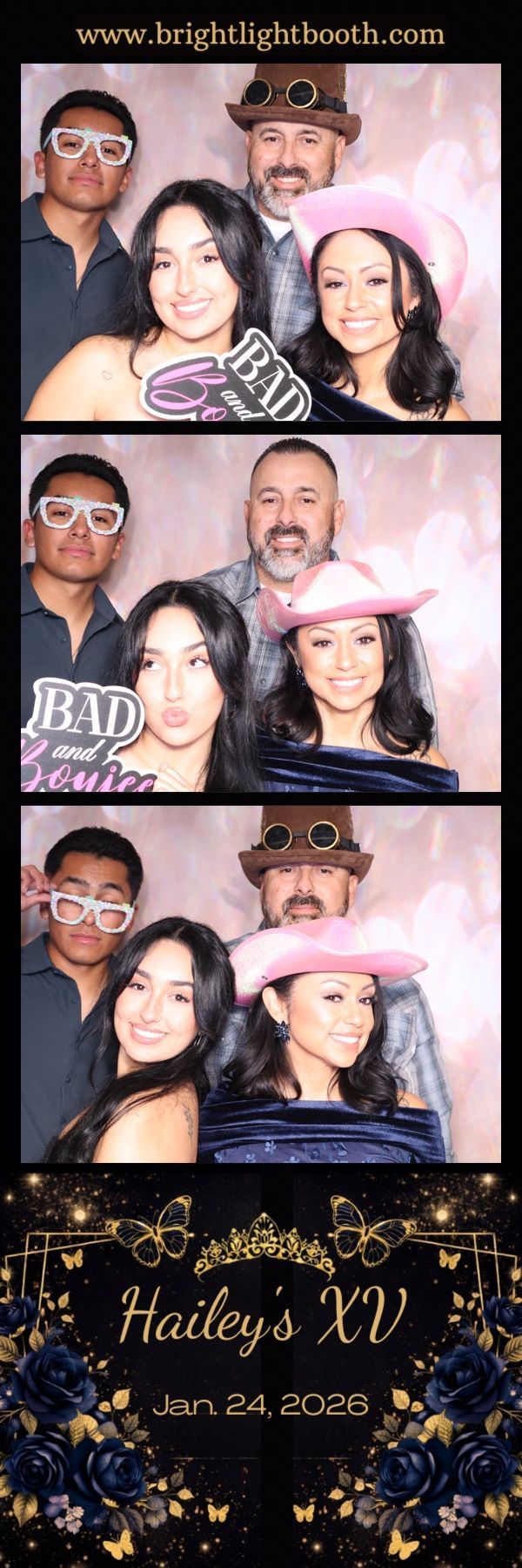 Family posing for fun photo booth pictures during a quinceañera at Rancho Las Palmas in Perris, California
